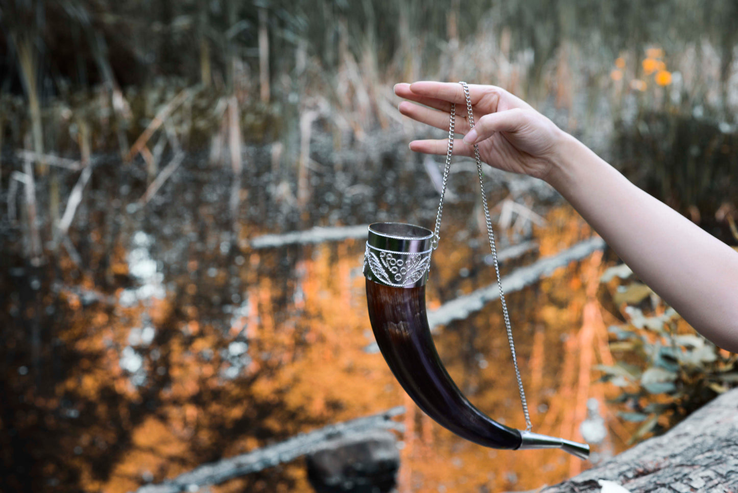 Viking Drinking Horn Set with Decorative Wooden Stand | Ox Drinking Horn
