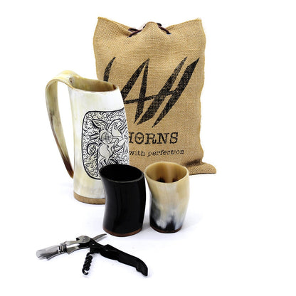 Viking Warrior Hand Engraved Horn Mug  -100% Authentic Beer Horn Tankard | Viking Gift Birthday Gift Wedding Mugs | Free Personalization