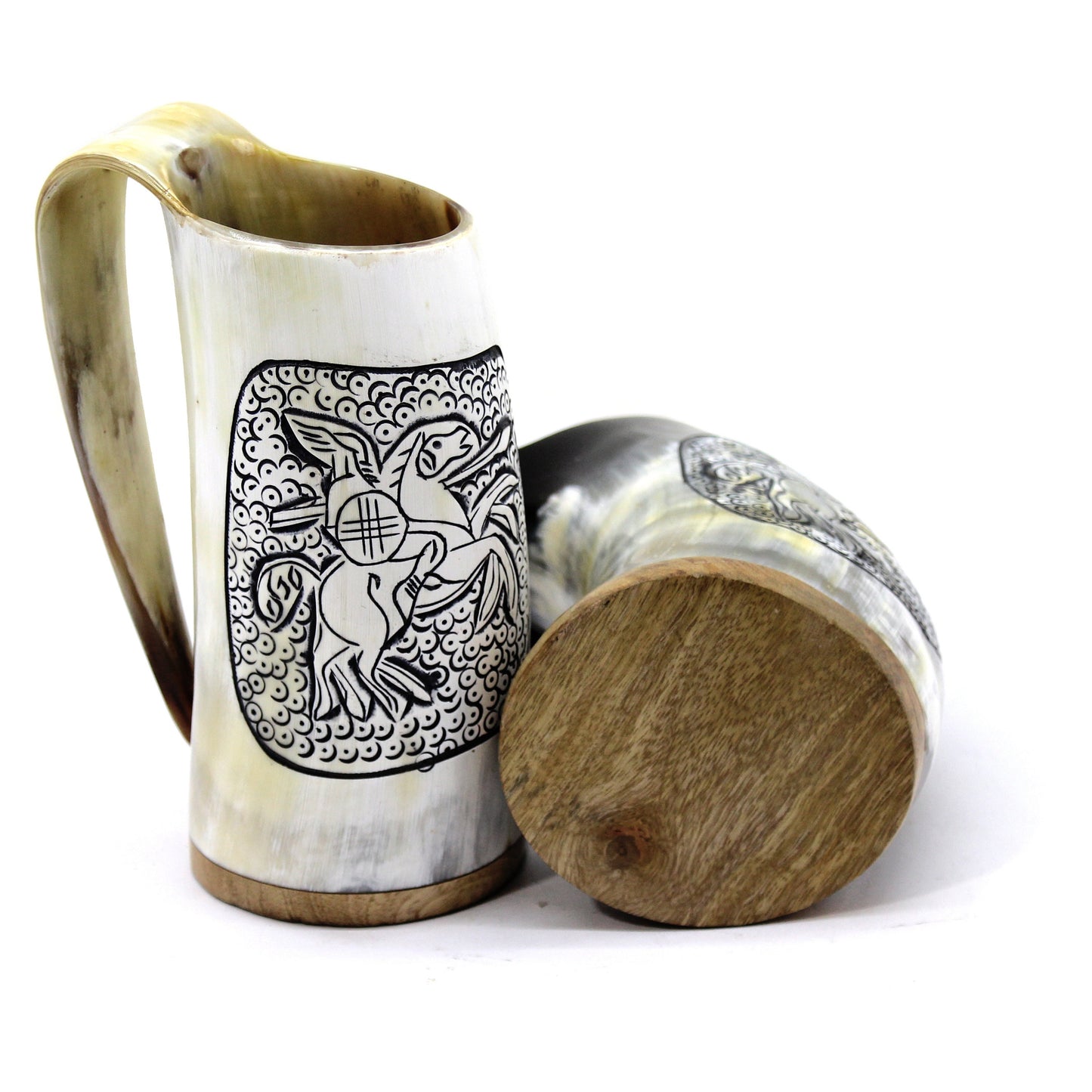Viking Warrior Hand Engraved African Horn Mug  -100% Authentic Beer Horn Tankard. Leak Proof & Smell Proof Horn Beer Mug | Viking Gift