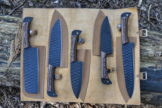 Hand Forged Carbon Steel Chef Set With Genuine Leather Roll Travel Case